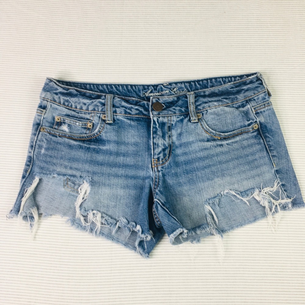 American Eagle Distressed Denim Shorts Womens 10 Blue Cut Off Low Rise Boho Y2K